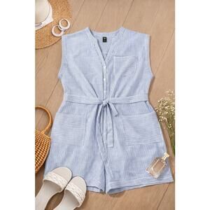 Shein Curve Blue White Stripe Romper 1XL Tie Waist Pockets Summer Resort